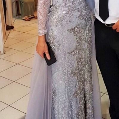 Grey sheath sequins lace mother of bride/groom dress evening formal gown