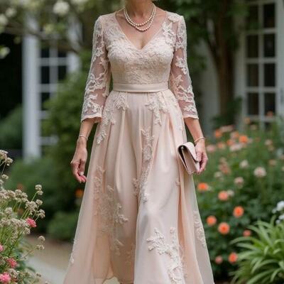Pink a line lace tea-length mother of bride/groom dress evening formal gown