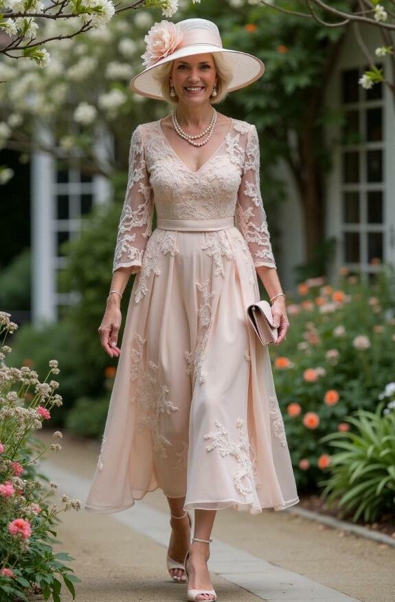 Pink A Line Lace Tea-length Mother of Bride/Groom Dress Evening Formal Gown
