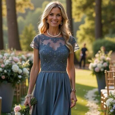 Blue a line lace tea-length mother of bride/groom dress evening formal gown