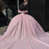 Off The Shoulder Baby Pink Tulle Prom Dress With Beading - Thumbnail 2