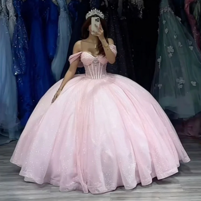 Off the shoulder baby pink tulle prom dress with beading - Thumbnail 1