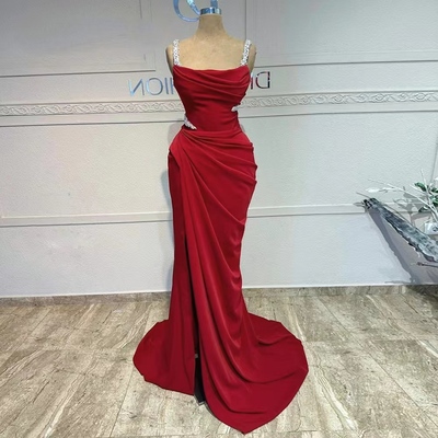 Simple Evening Dresses For Women Spaghetti Strap Sleeveless Gown Crystal Ruffles Sweep Train Dress Party Prom Custom Made