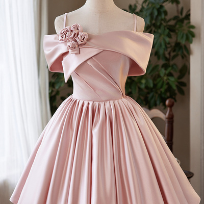 Lovely a-line pink satin short prom party dress - Thumbnail 1