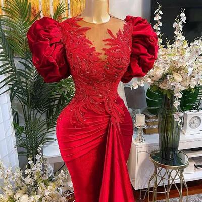Red mermaid lace prom dresses beaded sheer neck velvet evening formal party second reception gowns dress