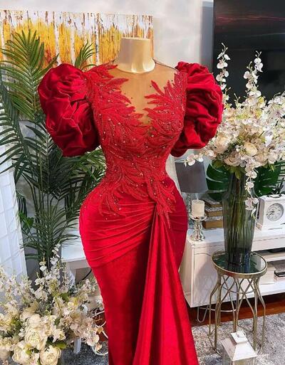 Red Mermaid Lace Prom Dresses Beaded Sheer Neck Velvet Evening Formal Party Second Reception Gowns Dress