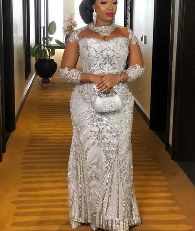 Silver Lace Beaded Evening Dresses Sheer Neck Prom Dresses Mermaid Formal Party Seond Reception Gowns