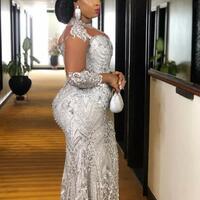 Silver Lace Beaded Evening Dresses Sheer Neck Prom Dresses Mermaid Formal Party Seond Reception Gowns - Thumbnail 1