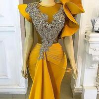 Plus Size Arabic Aso Ebi Yellow Mermaid Stylish Prom Dresses Lace Beaded Crystals Evening Formal Party Second Reception Bridesmaid Gowns Dress - Thumbnail 1