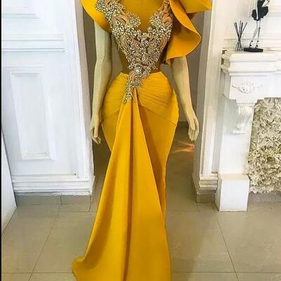 Plus size arabic aso ebi yellow mermaid stylish prom dresses lace beaded crystals evening formal party second reception bridesmaid gowns dress - Thumbnail 3
