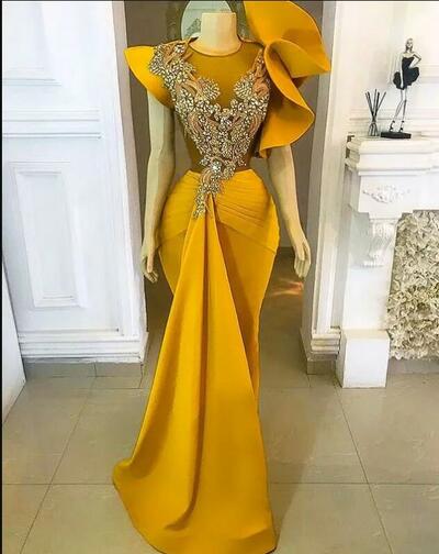 Plus Size Arabic Aso Ebi Yellow Mermaid Stylish Prom Dresses Lace Beaded Crystals Evening Formal Party Second Reception Bridesmaid Gowns Dress