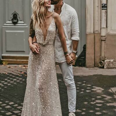 Sexy deep v-neck wedding dress, sequins lace wedding dress bridal gown