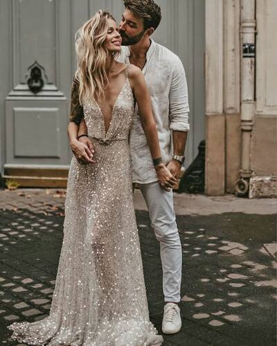 Sexy Deep V-neck Wedding Dress, Sequins Lace Wedding Dress Bridal Gown