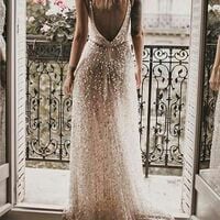 Sexy Deep V-neck Wedding Dress, Sequins Lace Wedding Dress Bridal Gown - Thumbnail 1
