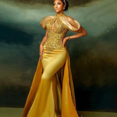 Mermaid gold prom dresses lace beaded crystals evening formal party second reception birthday engagement gowns dress