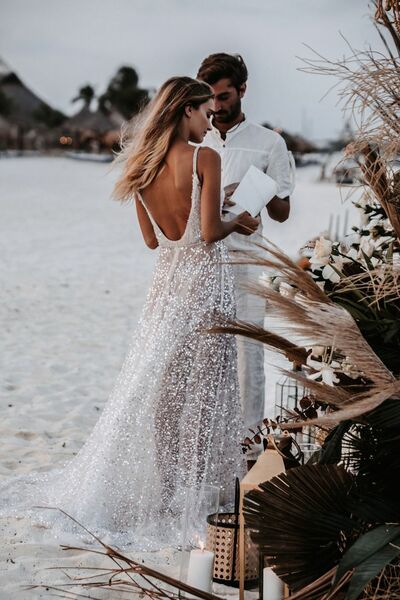Sexy Deep V-neck Wedding Dress, Sequins Lace Backless Wedding Dress Bridal Gown