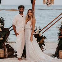 Sexy Deep V-neck Wedding Dress, Sequins Lace Backless Wedding Dress Bridal Gown - Thumbnail 1