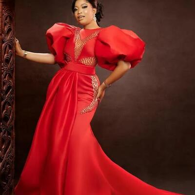 Plus size arabic aso ebi red mermaid sexy prom dresses beaded short sleeves evening formal party second reception gowns