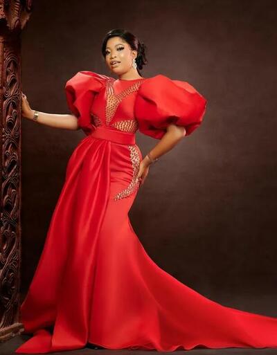 Plus Size Arabic Aso Ebi Red Mermaid Sexy Prom Dresses Beaded Short Sleeves Evening Formal Party Second Reception Gowns 