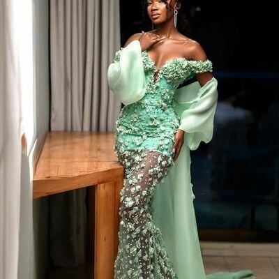 Green mermaid prom dresses 3d handmade flowers african girls evening formal party second reception birthday engagement gowns dress