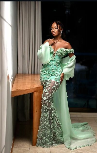Green Mermaid Prom Dresses 3D Handmade Flowers African Girls Evening Formal Party Second Reception Birthday Engagement Gowns Dress