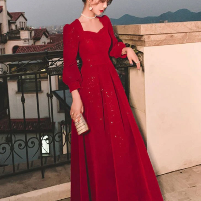 Modest red glitter velvet muslim formal prom dresses