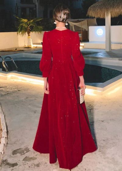 Modest Red Glitter Velvet Muslim Formal Prom Dresses