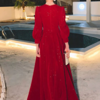Modest Red Glitter Velvet Muslim Formal Prom Dresses - Thumbnail 2