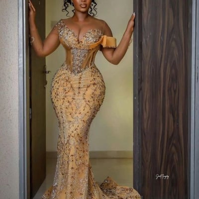 Gold mermaid prom dresses beaded crystals luxurious evening formal party second reception birthday engagement gowns dress - Thumbnail 2