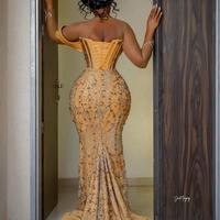 Gold Mermaid Prom Dresses Beaded Crystals Luxurious Evening Formal Party Second Reception Birthday Engagement Gowns Dress - Thumbnail 1