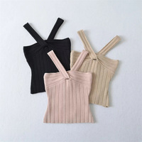 Halter Neck Knit Camisole Off-Shoulder Slim Fit Sleeveless Top - Thumbnail 1