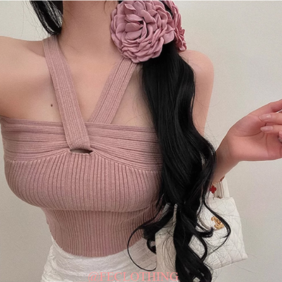 Halter neck knit camisole off-shoulder slim fit sleeveless top