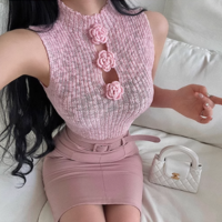 Casual 3D Flower Elastic Slim Ribbed Knit Vest - Thumbnail 4