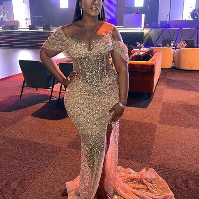 Champagne mermaid sparkly prom dresses beaded sheer neck evening formal party second reception birthday engagement dress