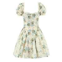 Lemon Yellow Rose Print Square Neck Puff Sleeve Mini Dress - Thumbnail 1