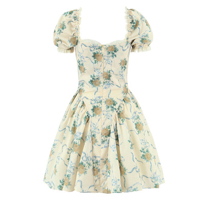Lemon yellow rose print square neck puff sleeve mini dress