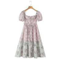 Square Neck Pink Floral Chiffon Short Sleeve Midi Dress Maxi Dress - Thumbnail 2