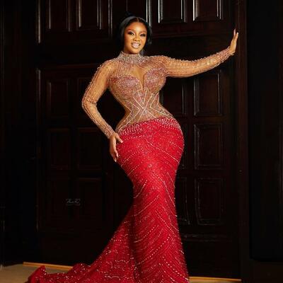 Red mermaid prom dresses beaded crystals sequined evening formal party second reception birthday engagement celebrity gowns dress