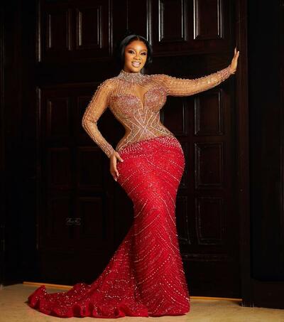 Red Mermaid Prom Dresses Beaded Crystals Sequined Evening Formal Party Second Reception Birthday Engagement Celebrity Gowns Dress