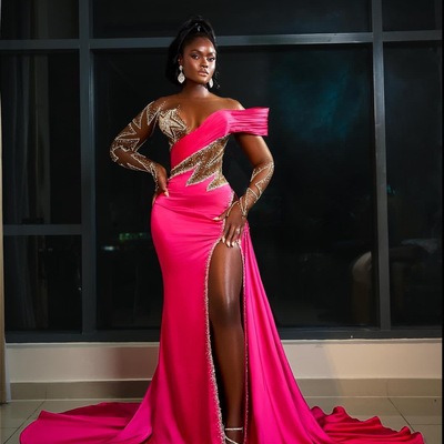 Fuchsia mermaid prom dress beaded crystals evening formal party second reception birthday engagement gowns dresses robe