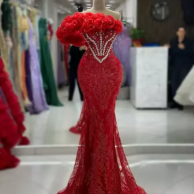 Red prom dresses for black women sheer neck illusion beaded lace rhinestones decorated birthday party dress second reception gowns