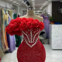 Red Prom Dresses for Black Women Sheer Neck Illusion Beaded Lace Rhinestones Decorated Birthday Party Dress Second Reception Gowns - Thumbnail 1