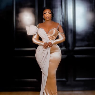 Champagne mermaid prom dress crystals velvet formal party second reception 50th birthday engagement gowns dresses robe de soiree