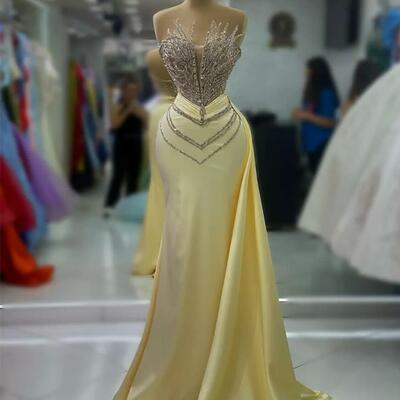 Yellow mermaid prom dress crystals beaded evening formal party second reception birthday engagement gowns dresses