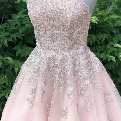 Pink sleeveless tulle lace homecoming dress,applique halter short school event dress，1950