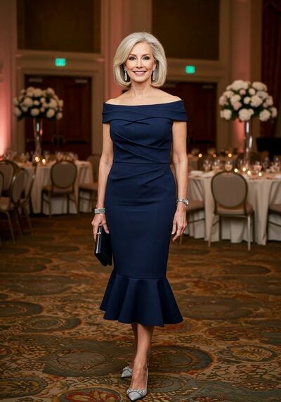 Navy Blue Sheath Off the Shoulder Tea-length Mother of Bride/Groom Dress Evening Formal Gown