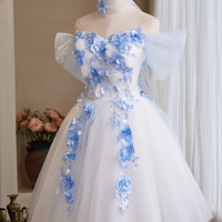 White Tulle and Blue Flowers Short A-Line Party Dress Homecoming Dress - Thumbnail 1