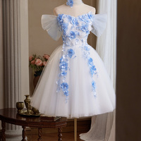 White Tulle and Blue Flowers Short A-Line Party Dress Homecoming Dress - Thumbnail 5
