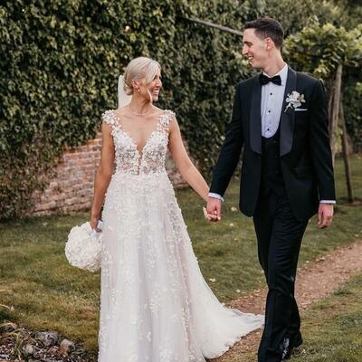 Sexy deep v-neck wedding dress, lace a line wedding dress bridal gown