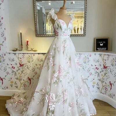 Floral wedding dress, a line wedding dress bridal gown - Thumbnail 1